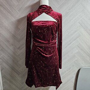 Cider NEW UK Size 12 L Crimson Velvet Gold Celestial Flare Cut Out Dress Boho